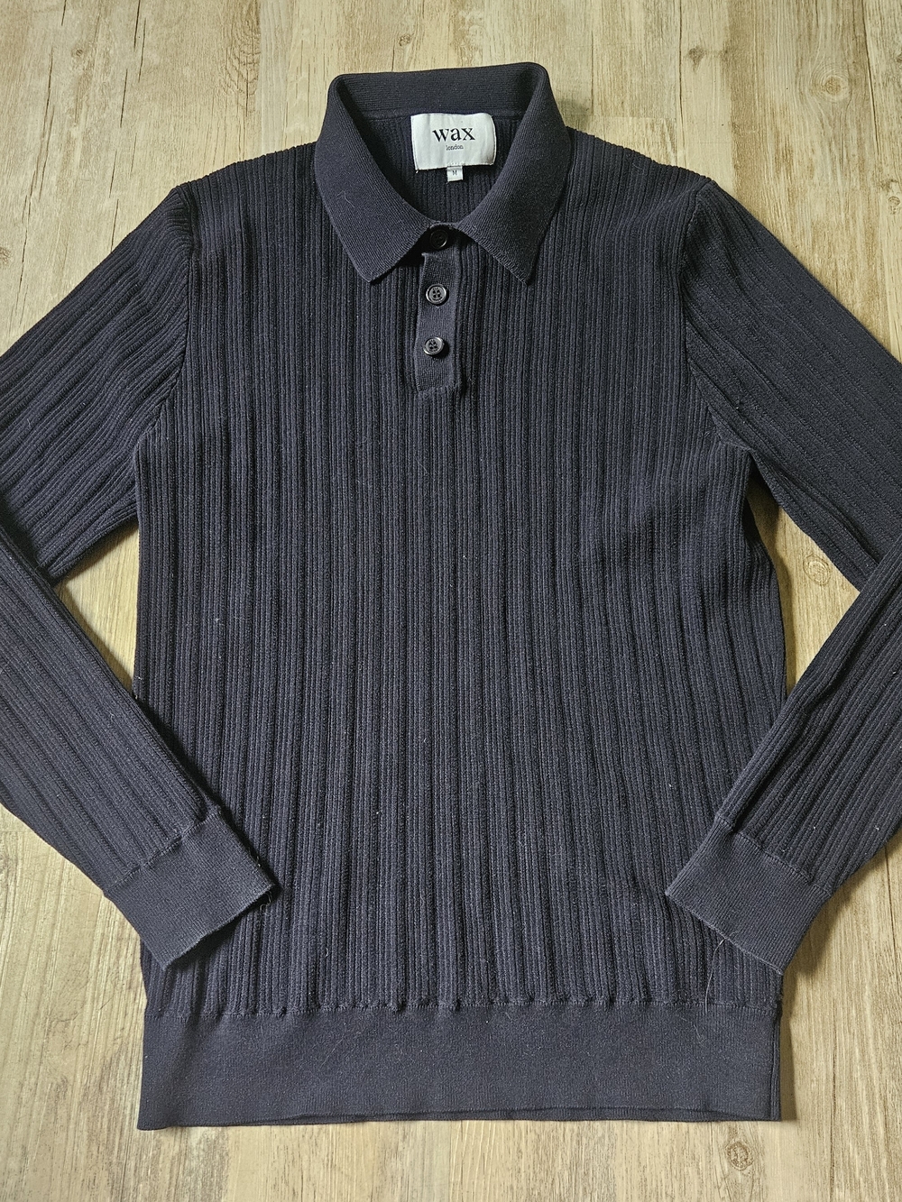 WAX London Men's Black Ribbed Oban Vertical Knit Polo Sweater Medium Casual